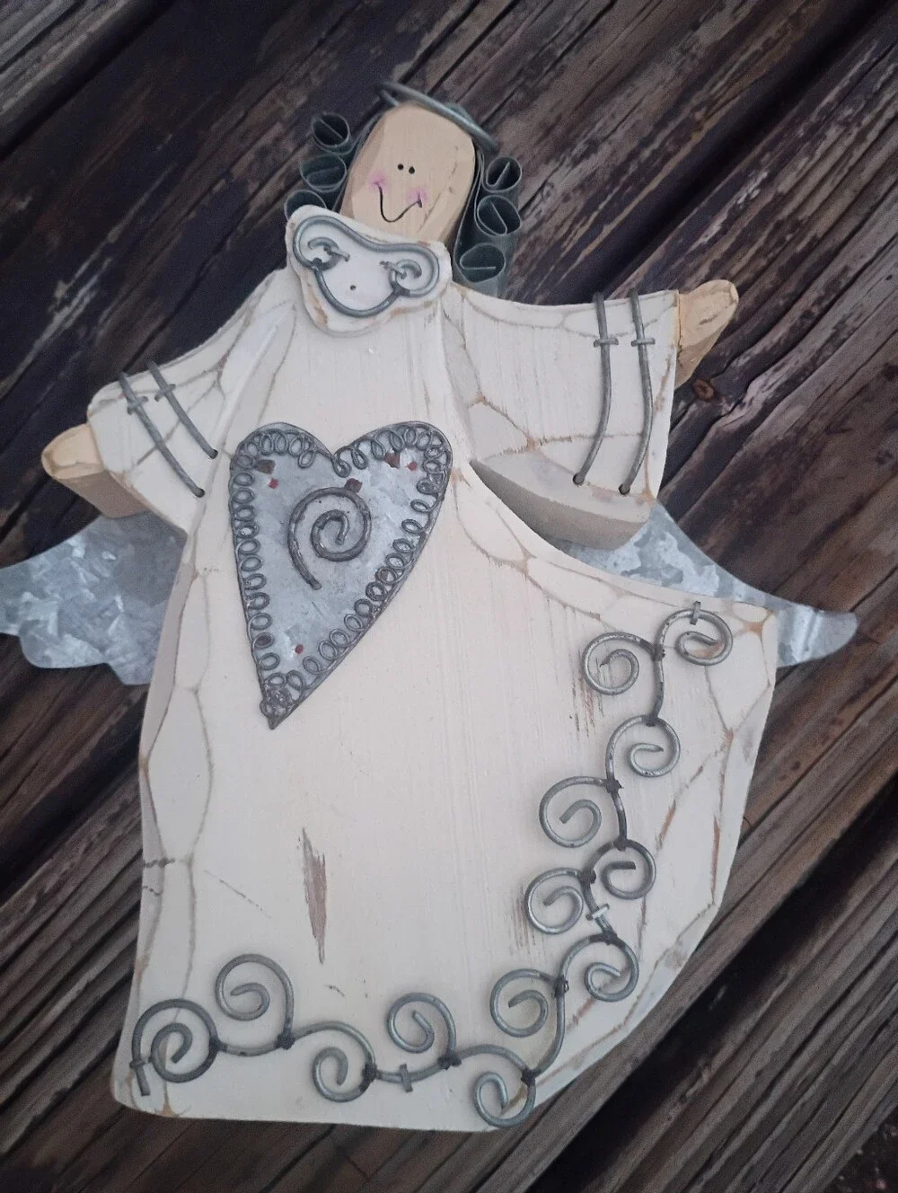 Primitive Home- Handcrafted Cream Angel Wall Accent with Metal Heart 8.5 X 5.5 W